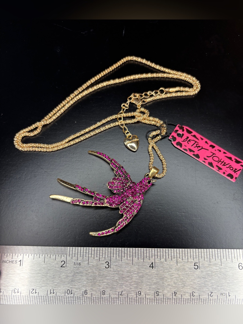 Betsey Johnson Pink Crystal Bird Statement Necklace Gold Tone